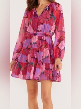 MINKPINK Floral Mini Dress Size S Pink Purple Boho Ruffle Tiered Long Sleeve NWT